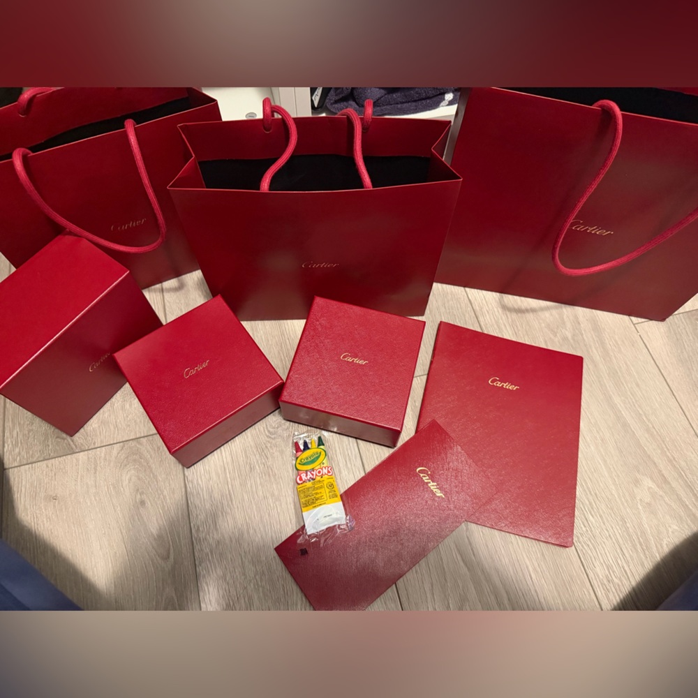 Cartier bags, boxes, envelope and coloring book w crayons